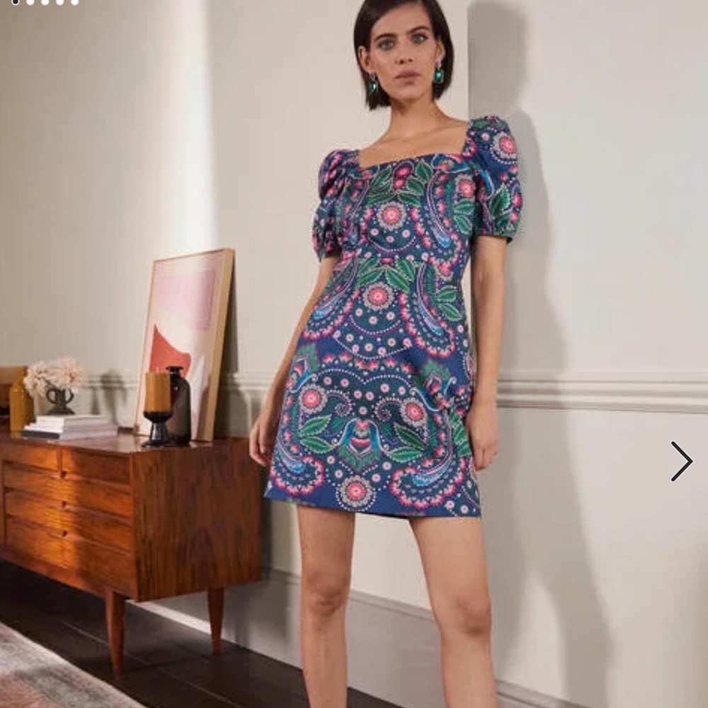 Boden Navy Blue Paisley Mini Dress with Pink and Green Accents